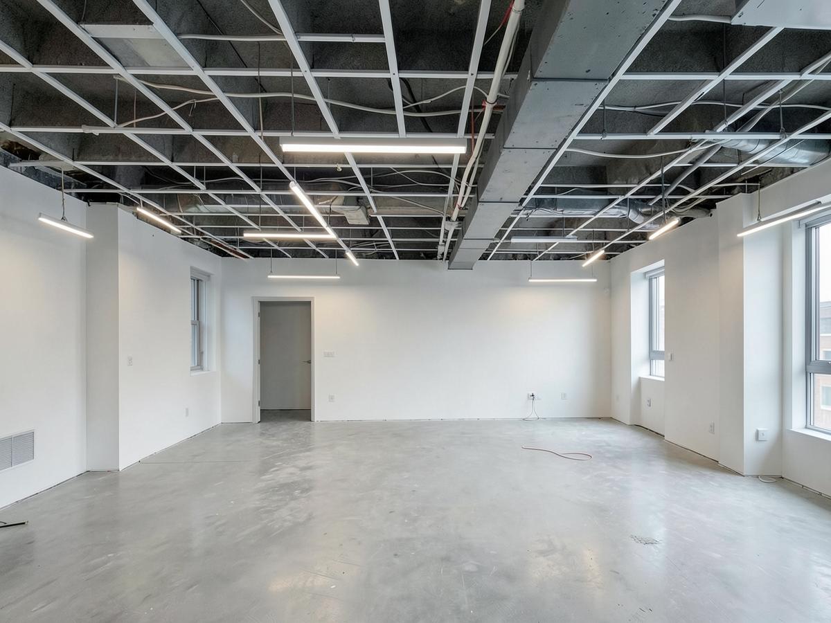 Commercial office refurbishment in progress with stripped ceiling and temporary lighting